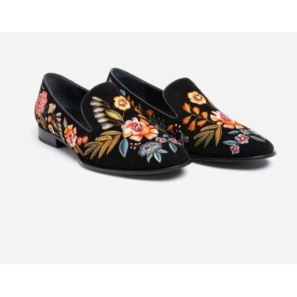 New Johnny Was Bianca Embroidered Smoking Loafer Flats Black Velvet Size 9 - Picture 1 of 9